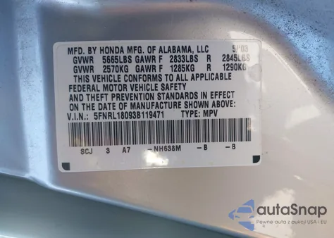 2003 Honda Odyssey Ex-L z USA, uszkodzony, nr VIN 5FNRL18093B119471